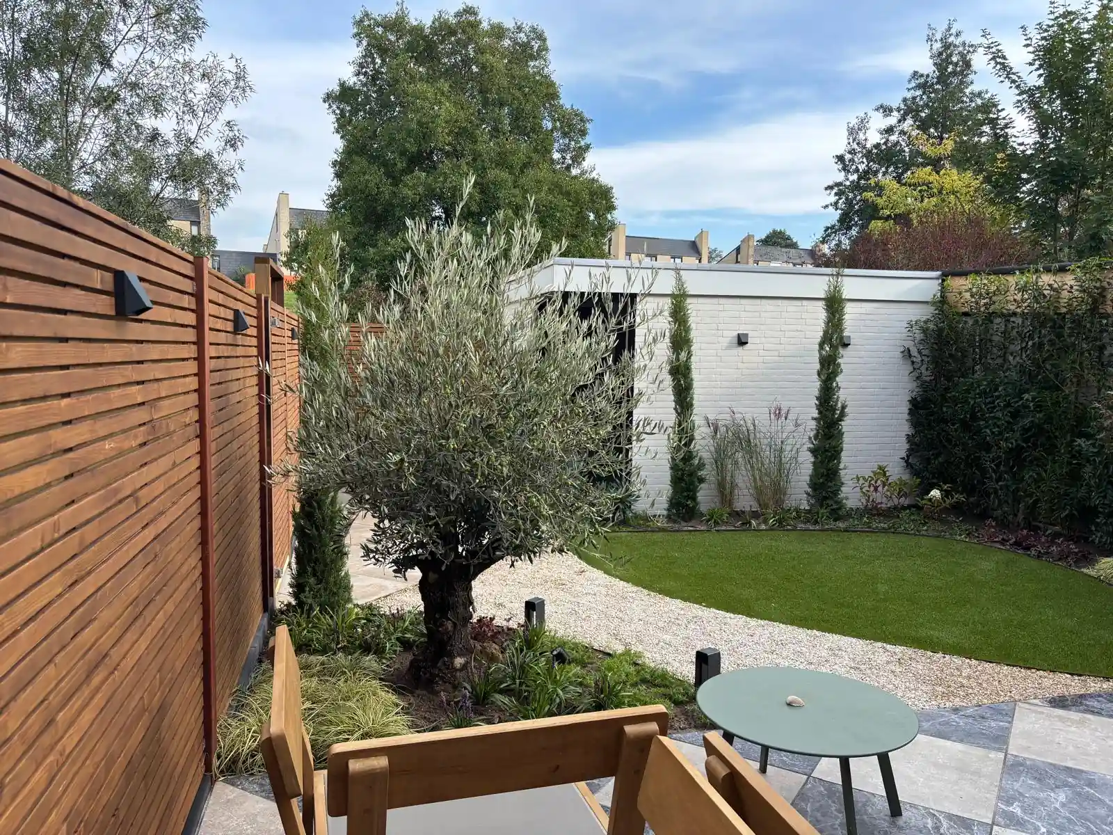 Meerstammige olijfboom in een border met siergrassen, met daarachter een witgeschilderde muur met slanke cipressen en een rond veld kunstgras