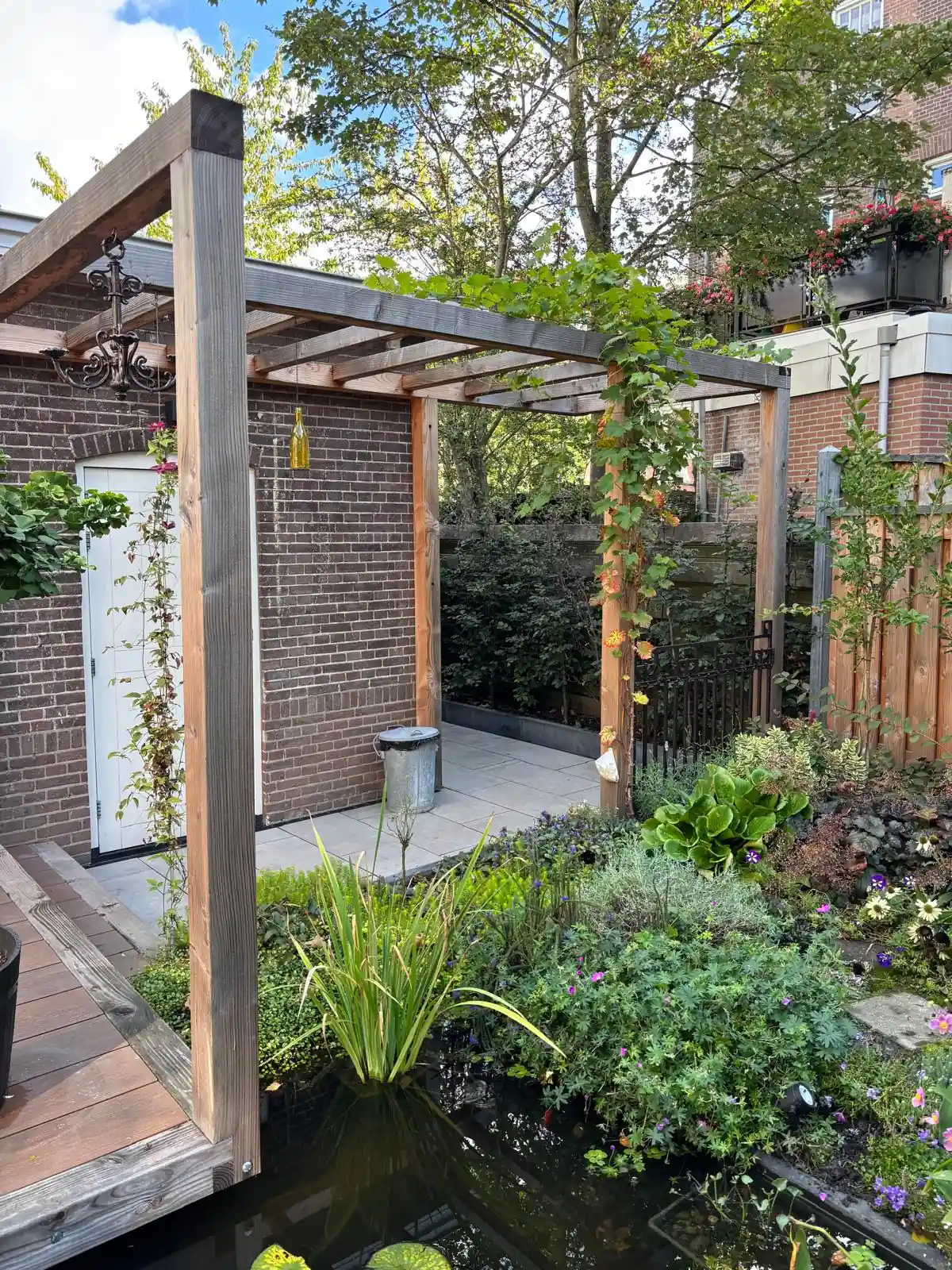 Houten pergola met druivenrank en een smeedijzeren kroonluchter boven het terras bij de berging, met op de voorgrond de vijver met oeverbeplanting