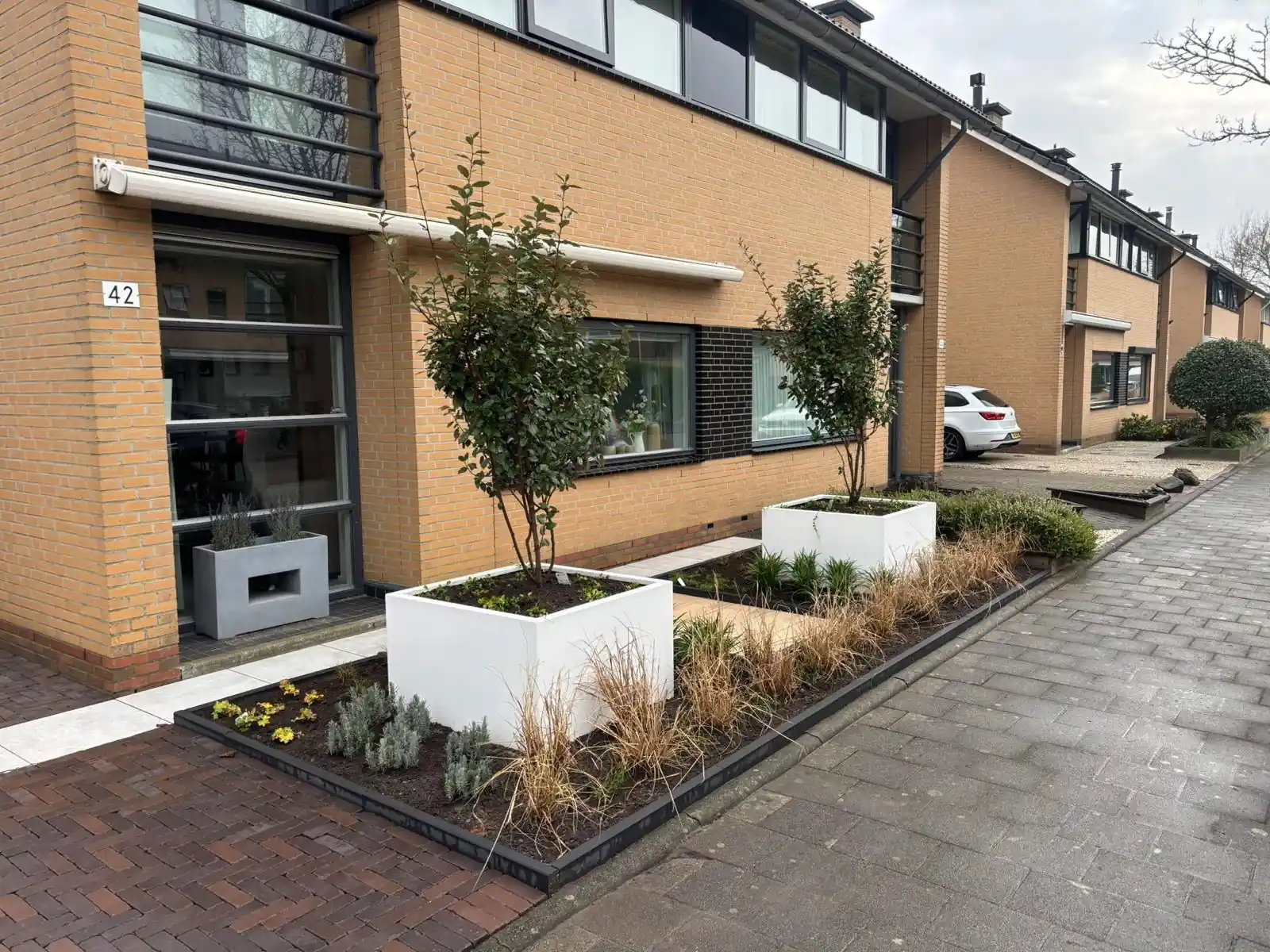 Langgerekte border met siergrassen, lavendel en heuchera achter een antracieten kantopsluiting, met witte plantenbakken en een pad van lichte planktegels